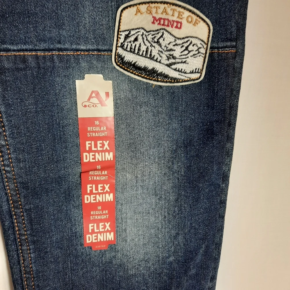 Arizona Jean Co Boys Patchy Jeans Size 16 Regular Straight Flex Denim Dark Wash